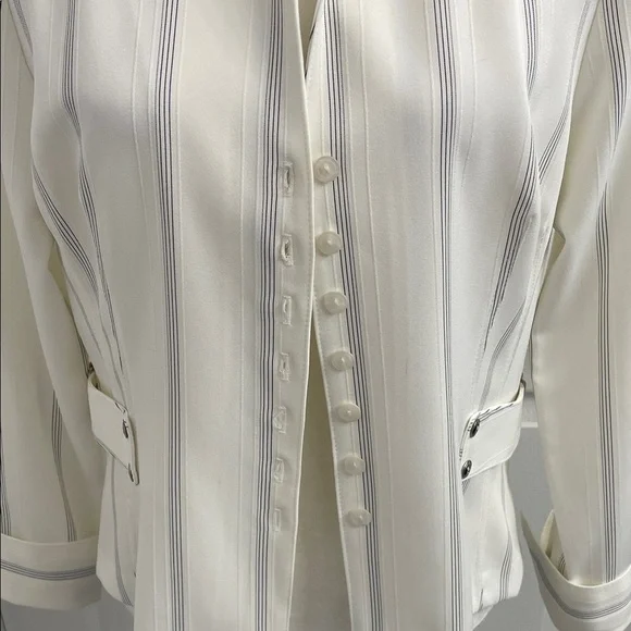 Frank Lyman Design Winter White Striped Blazer Top Button Down Front & Cuffs Sz8 - Picture 2 of 13